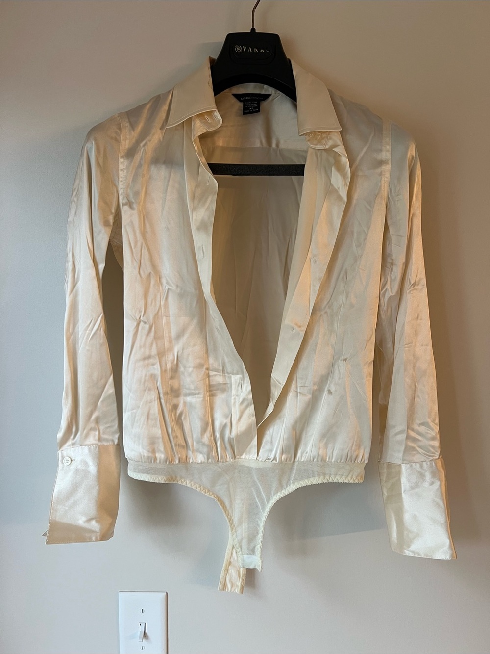 Moda International Satin Long Sleeve Bodysuit Off White Cream Size XS